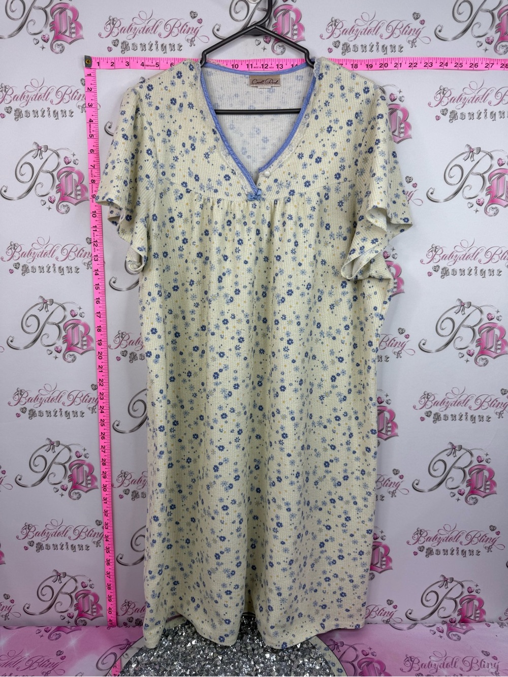 Carroll reed dress Cream Floral Nightgown with Blue Trim - Relaxed Sleep Dress